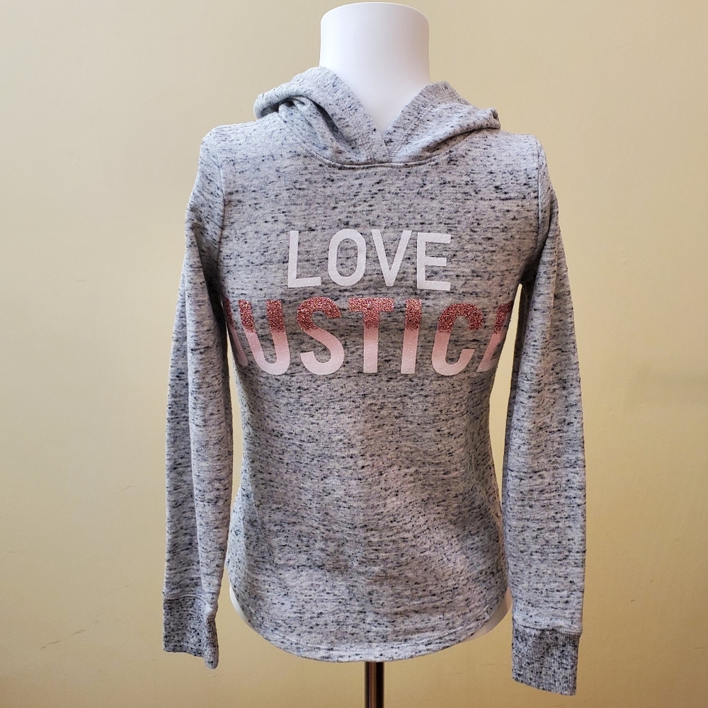 Girls’ Grey & Pink Glitter Love Justice Pullover Hoodie Sweater